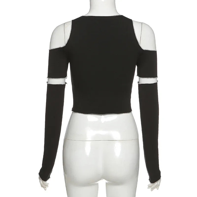 Women’s Techwear Gothic Crop Top – Black Y2K One Shoulder Ruffle Hem Tee