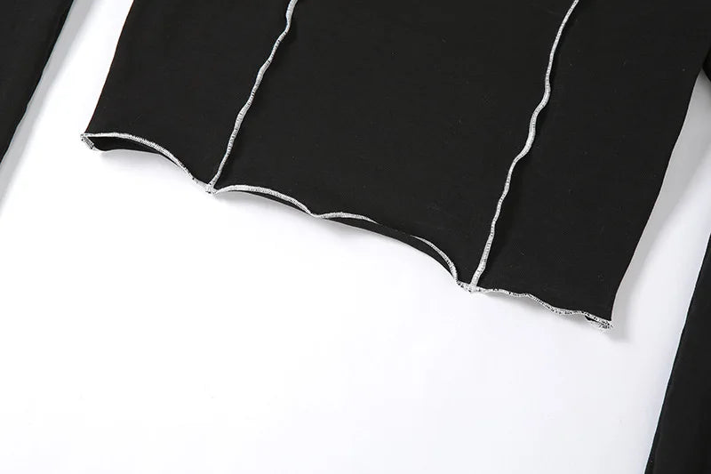 Women’s Techwear Gothic Crop Top – Black Y2K One Shoulder Ruffle Hem Tee