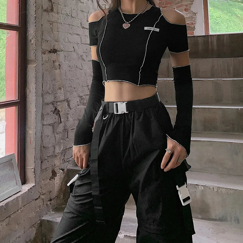 Women’s Techwear Gothic Crop Top – Black Y2K One Shoulder Ruffle Hem Tee