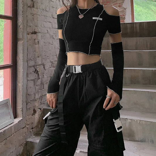 Women’s Techwear Gothic Crop Top – Black Y2K One Shoulder Ruffle Hem Tee