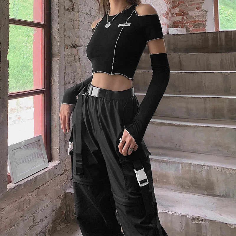 Women’s Techwear Gothic Crop Top – Black Y2K One Shoulder Ruffle Hem Tee