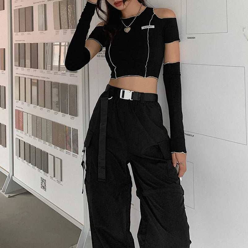 Women’s Techwear Gothic Crop Top – Black Y2K One Shoulder Ruffle Hem Tee