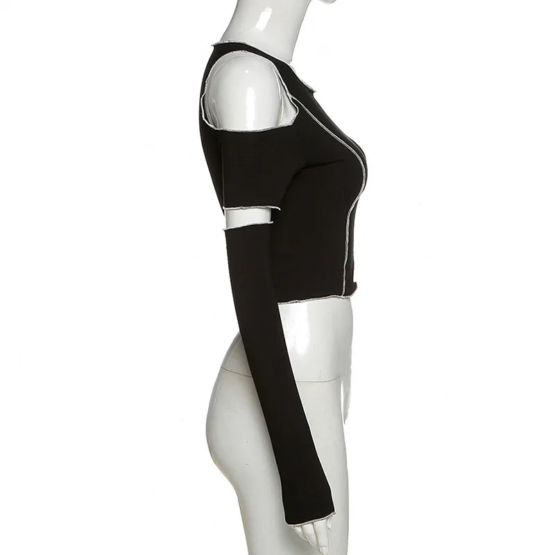 Women’s Techwear Gothic Crop Top – Black Y2K One Shoulder Ruffle Hem Tee