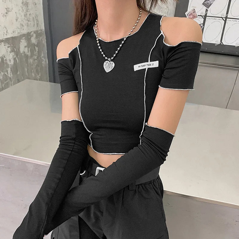 Women’s Techwear Gothic Crop Top – Black Y2K One Shoulder Ruffle Hem Tee