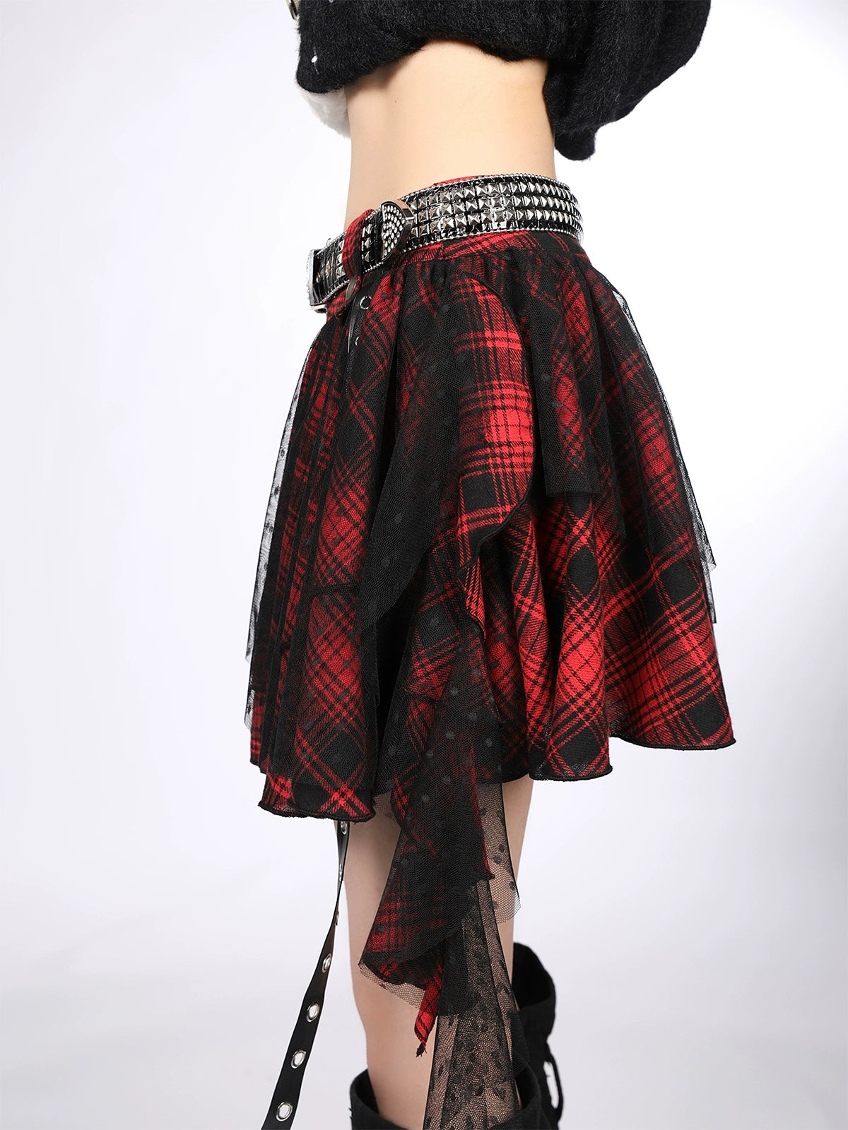 Y2K Gothic Red Plaid Skirt – Asymmetrical Punk Pettiskirt Cake Dress for Women
