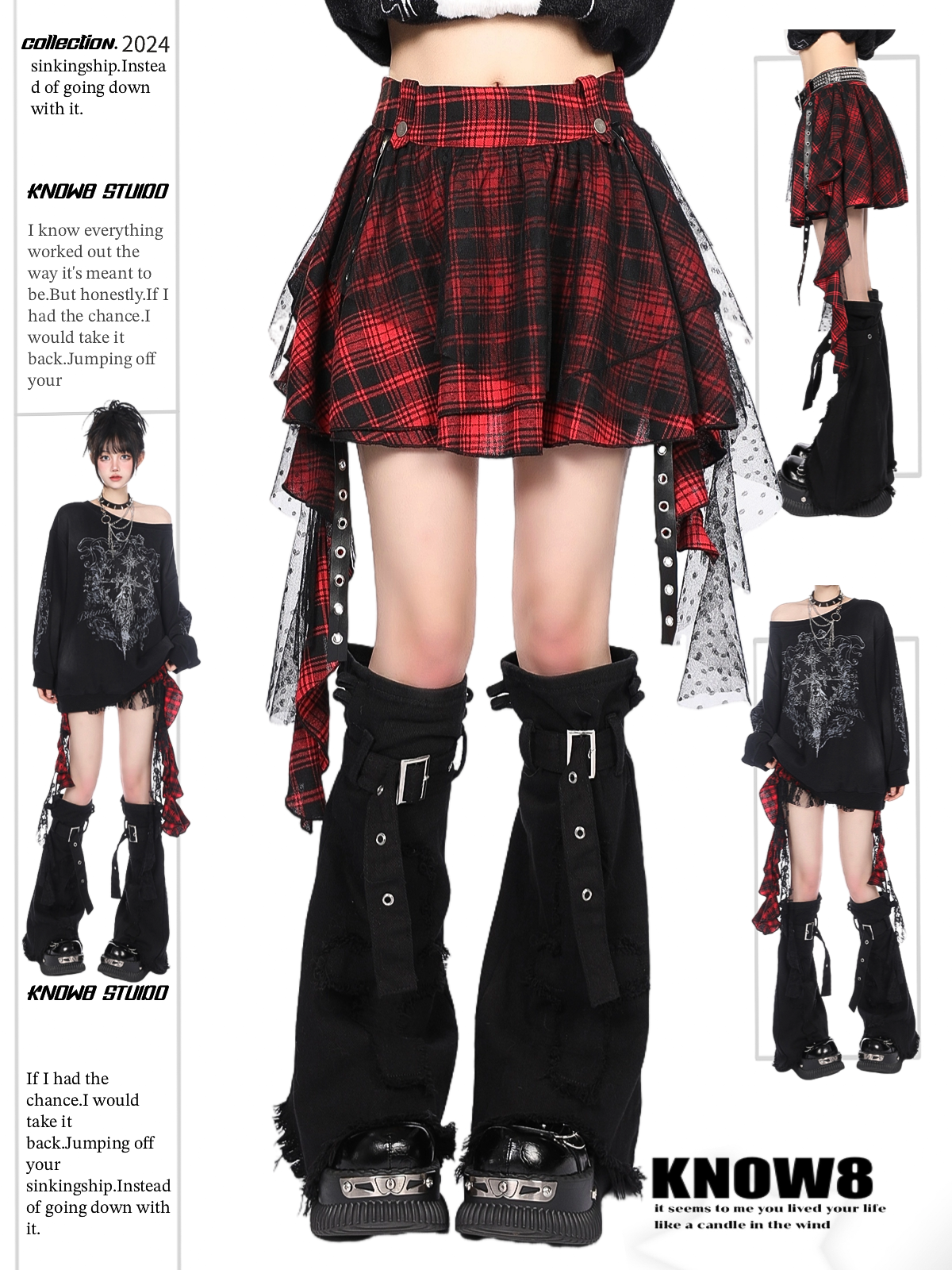 Y2K Gothic Red Plaid Skirt – Asymmetrical Punk Pettiskirt Cake Dress for Women