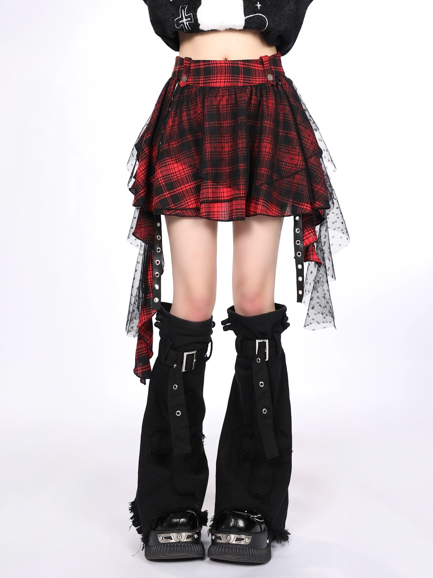Y2K Gothic Red Plaid Skirt – Asymmetrical Punk Pettiskirt Cake Dress for Women