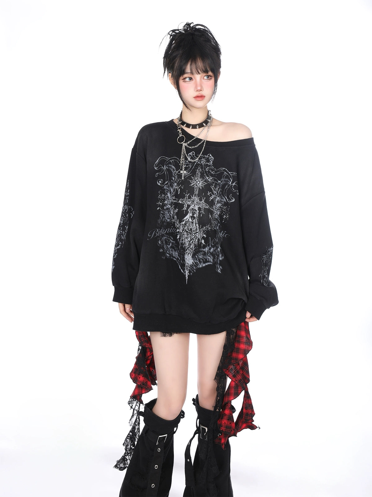 Y2K Gothic Red Plaid Skirt – Asymmetrical Punk Pettiskirt Cake Dress for Women