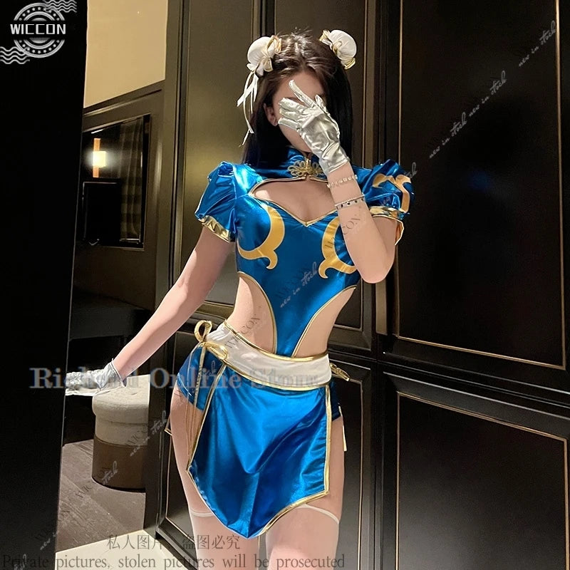 Chun-Li Cosplay Costume Set – Cheongsam Dress with Accessories (Tops, Pants, Apron, Headwear, Socks & Gloves) for Parties, Conventions & Festivals