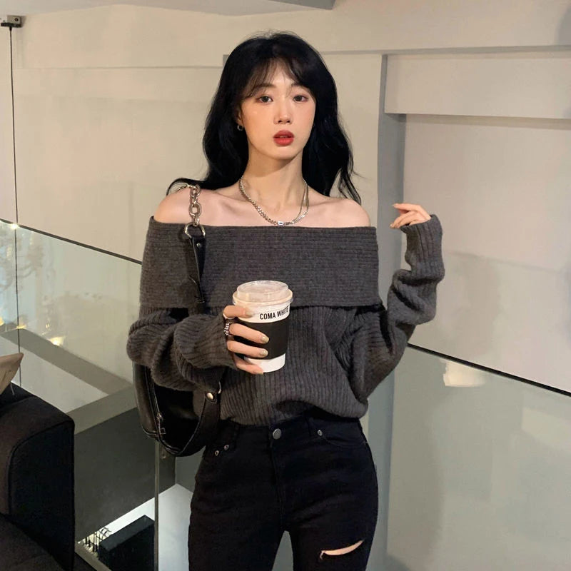 Lucyever Women’s Slash Neck Knitted Sweater – Sexy Off-Shoulder Slim Fit Long Sleeve Pullover, Korean Elegant Thick Jumper for Autumn/Winter