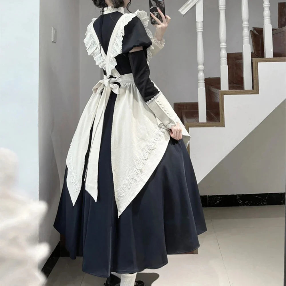 Autumn and Winter New Black Bubble Sleeve Lolita Dress Women Japanese Maid Apron Two-piece Suit Dress for Girls