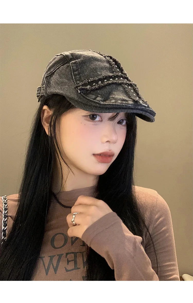 Women’s Retro Black Denim Beret – Vintage Washed Riveted Cap, Y2K Streetwear Fashion Hat for Girls