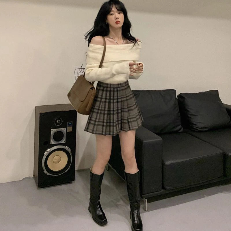 Lucyever Women’s Slash Neck Knitted Sweater – Sexy Off-Shoulder Slim Fit Long Sleeve Pullover, Korean Elegant Thick Jumper for Autumn/Winter