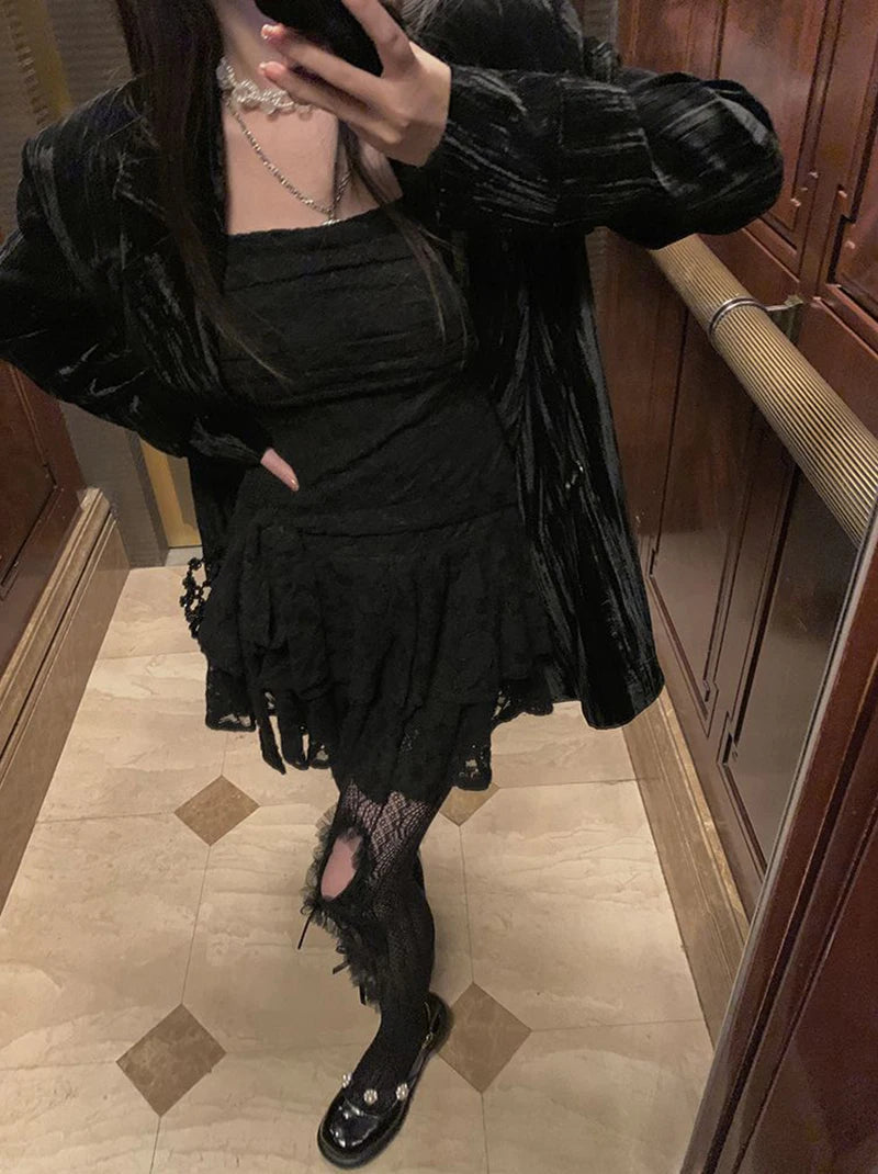 Gothic Black Lace Dress Women Y2K Fall Vintage Elegant Square Collar Purple Mini Dress Streetwear Sexy Slim Party Vestidos New