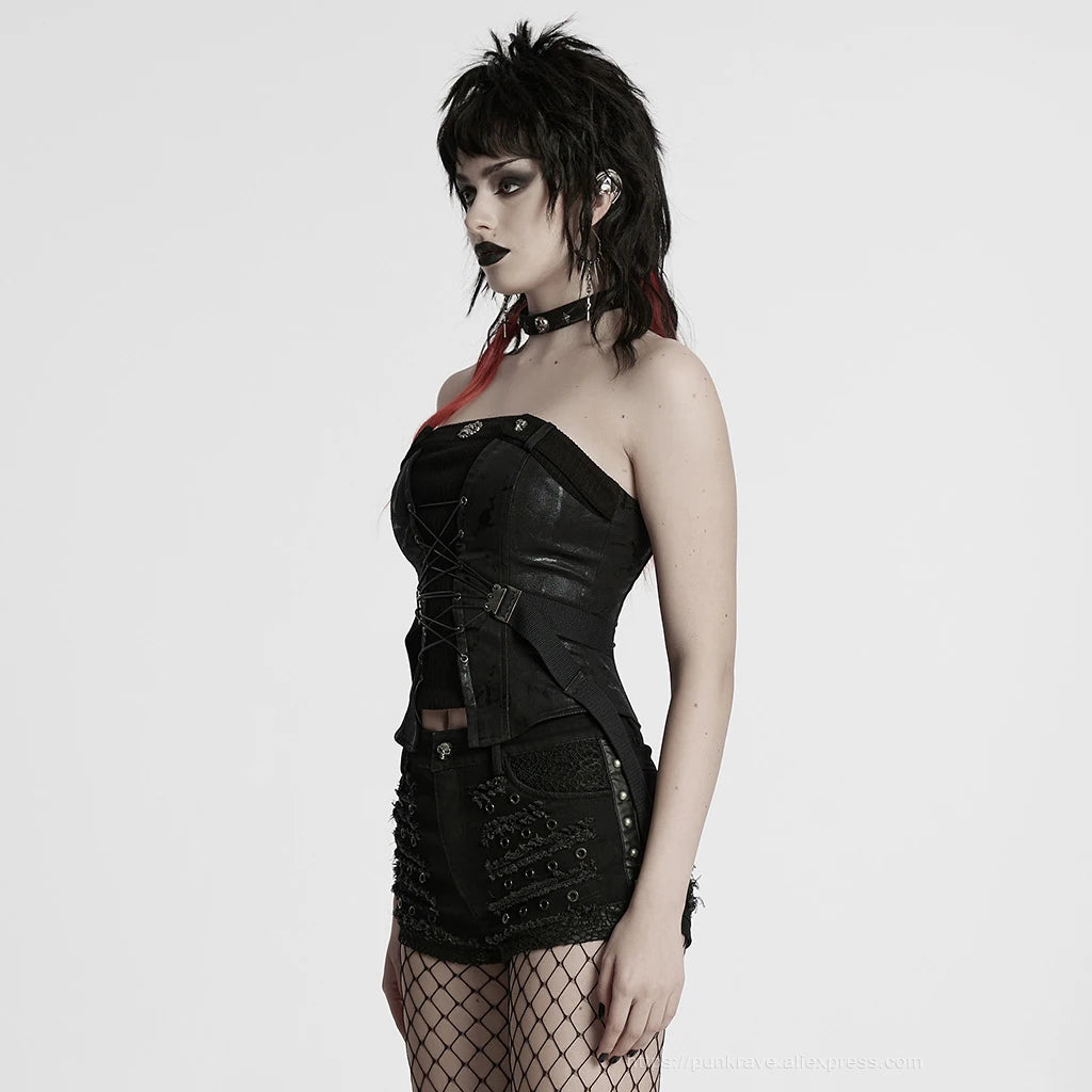 PUNK RAVE Slim Fit Punk Tube Top – Women’s Sexy Bustier Style, Printed Woven Patchwork, Sleeveless Tee, Avant-Garde Summer Fashion