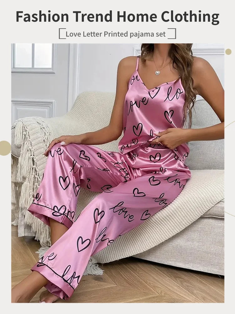 Women Letter Print Satin Pajama Set Chic V-Neck & Backless Cami Tops and Pants Pyjama 2 Pieces Soft Women's Sleepwear Loungewear