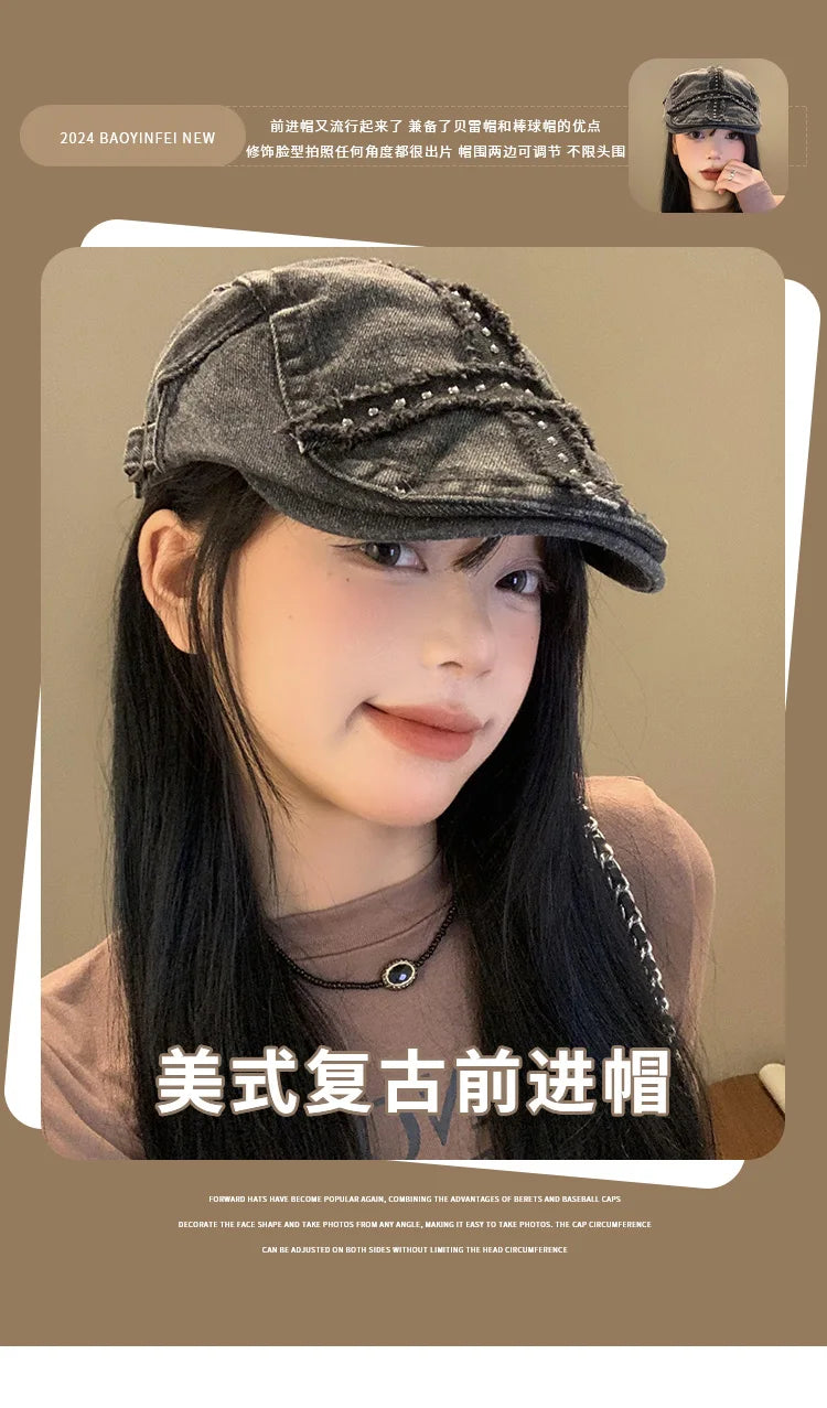 Women’s Retro Black Denim Beret – Vintage Washed Riveted Cap, Y2K Streetwear Fashion Hat for Girls