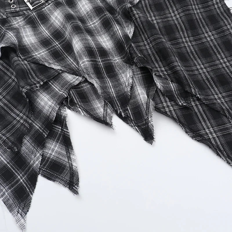 Dark Punk Goth Skirt – Irregular Hem, Plaid Pleated Mini, Women’s Y2K Streetwear Alt Fashion