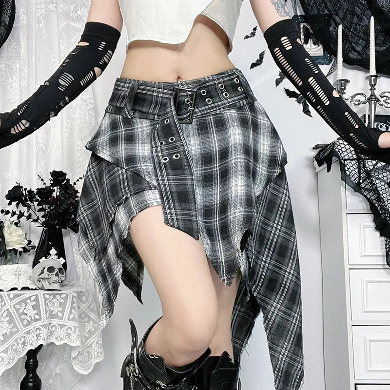 Dark Punk Goth Skirt – Irregular Hem, Plaid Pleated Mini, Women’s Y2K Streetwear Alt Fashion