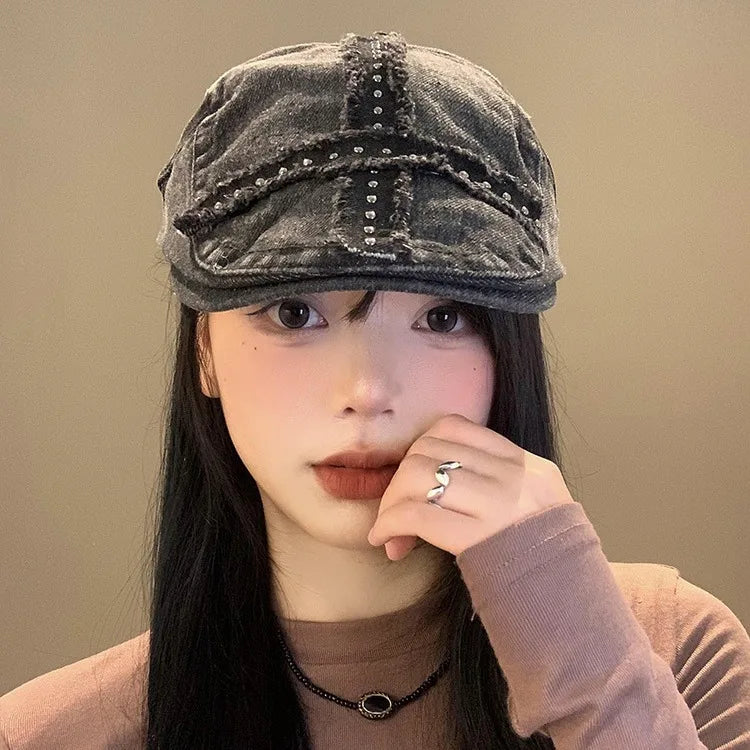 Women’s Retro Black Denim Beret – Vintage Washed Riveted Cap, Y2K Streetwear Fashion Hat for Girls