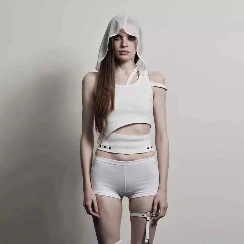 Edgy Punk Hooded Crop Top for Women – Street Fashion Sleeveless Tee, New 2025 Style