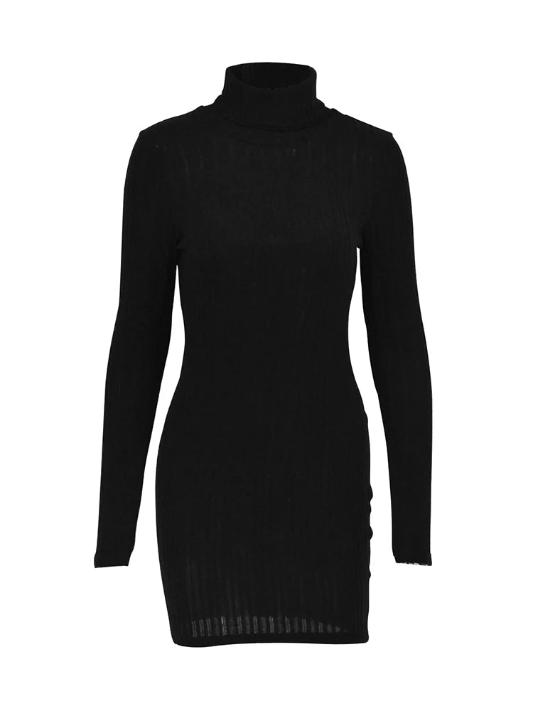 Black Mini Bodycon Dress – Turtleneck Long Sleeve Sheath Dress for Women, Party, Club & Elegant Daily Wear