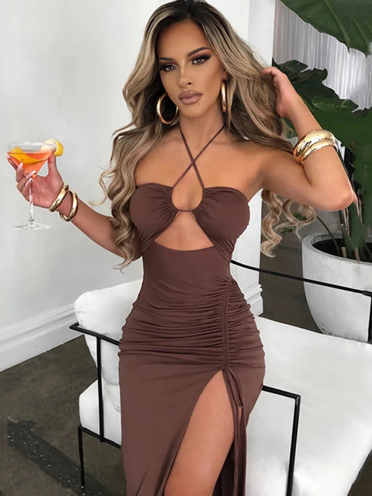 Women’s Sexy Slim Bodycon Midi Dress – Sleeveless Backless Party Night Club Outfit