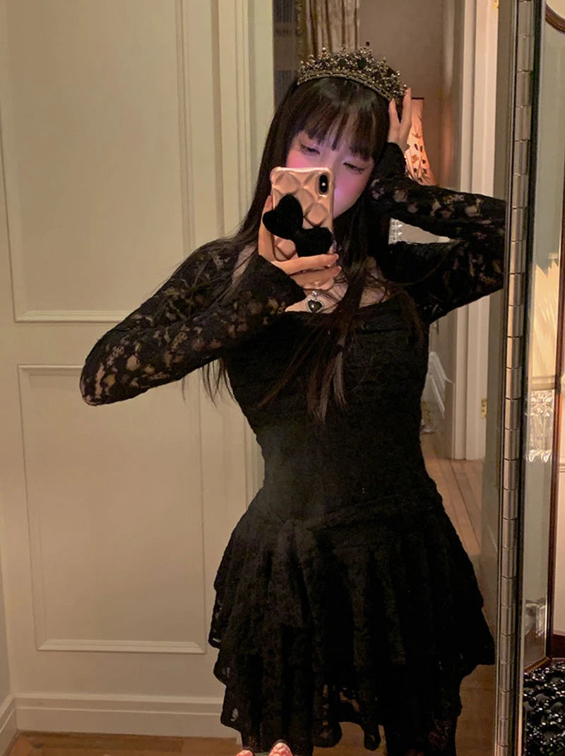 Gothic Black Lace Dress Women Y2K Fall Vintage Elegant Square Collar Purple Mini Dress Streetwear Sexy Slim Party Vestidos New