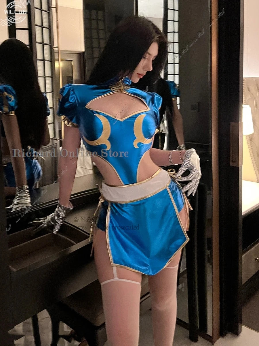 Chun-Li Cosplay Costume Set – Cheongsam Dress with Accessories (Tops, Pants, Apron, Headwear, Socks & Gloves) for Parties, Conventions & Festivals