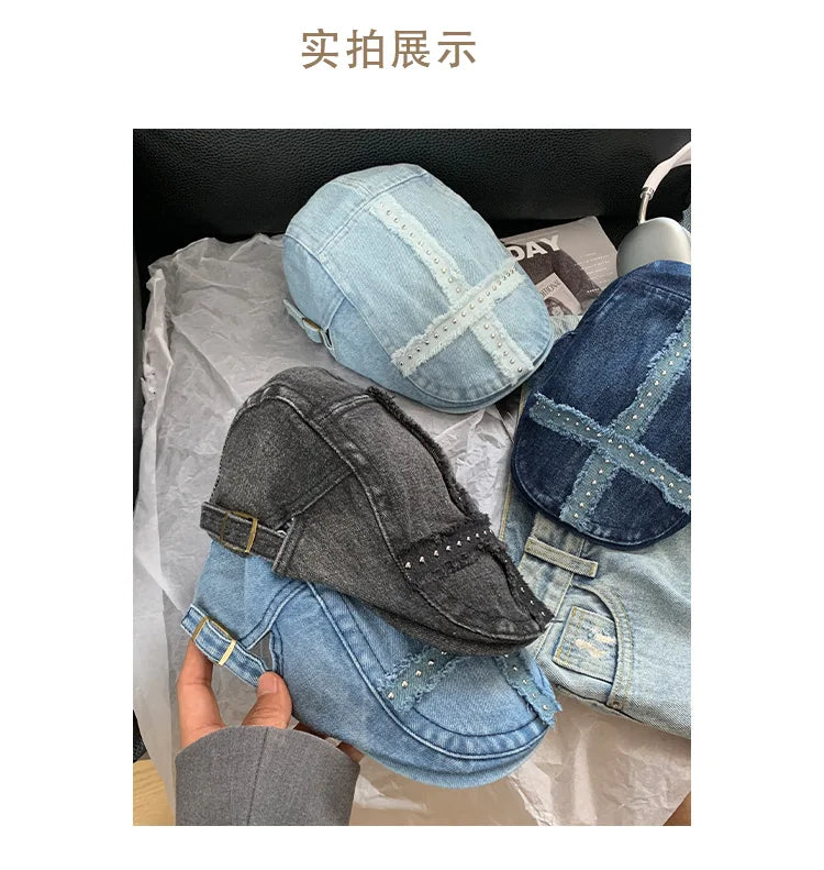 Women’s Retro Black Denim Beret – Vintage Washed Riveted Cap, Y2K Streetwear Fashion Hat for Girls