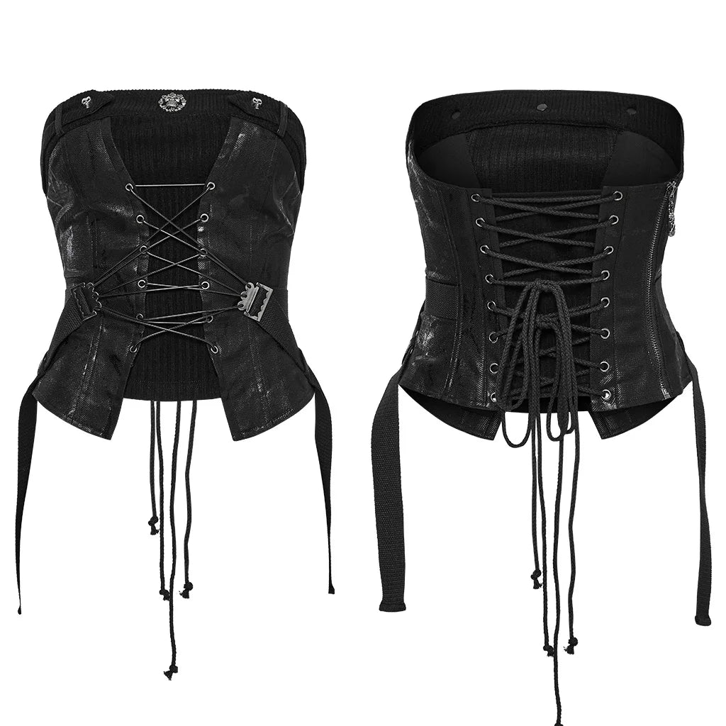 PUNK RAVE Slim Fit Punk Tube Top – Women’s Sexy Bustier Style, Printed Woven Patchwork, Sleeveless Tee, Avant-Garde Summer Fashion