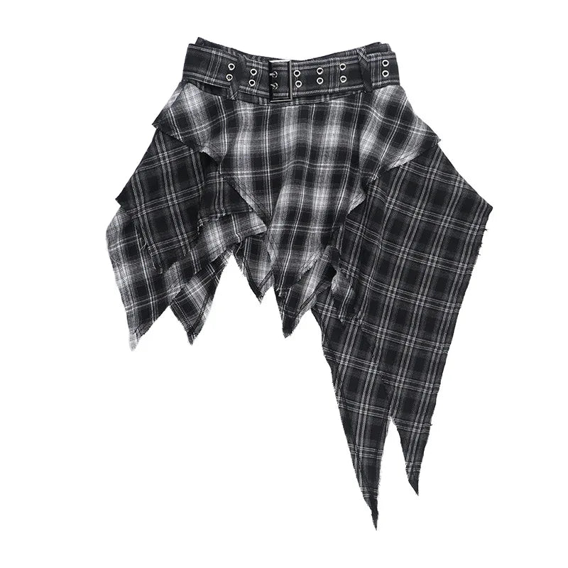 Dark Punk Goth Skirt – Irregular Hem, Plaid Pleated Mini, Women’s Y2K Streetwear Alt Fashion