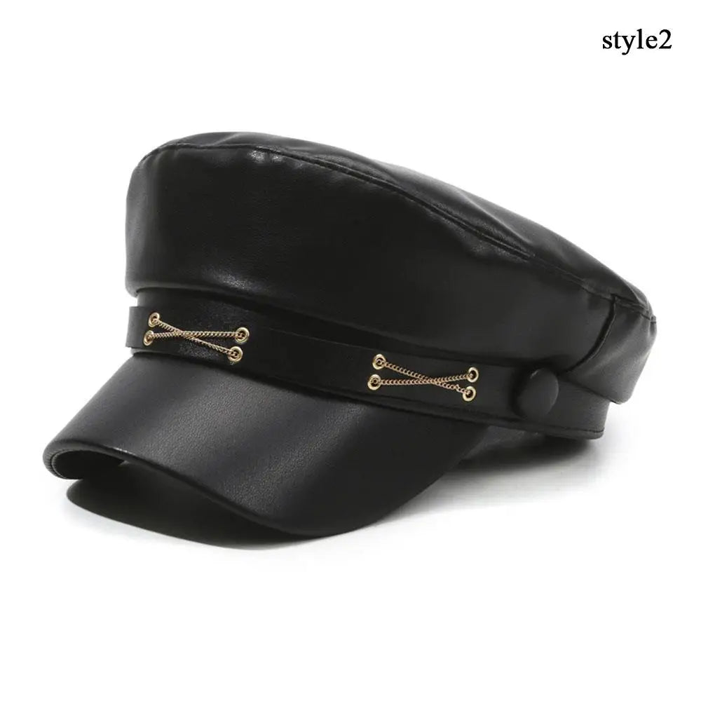 Retro England Black Leather Cap – Women’s Vintage Painter Hat, Flat Newsboy & Military Style Outdoor Cap
