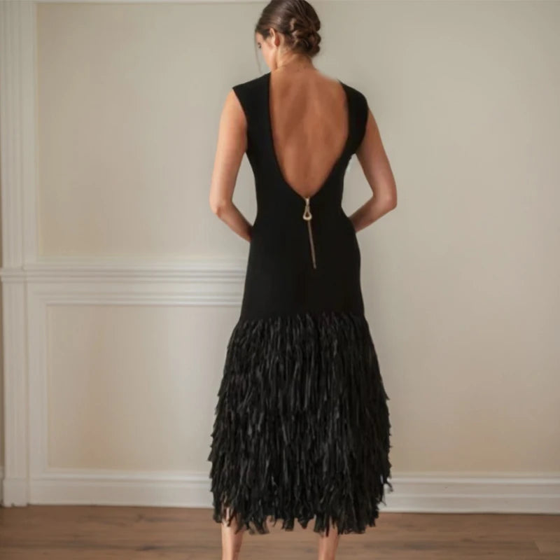 Vintage Knitted Tassel Dress – Elegant Backless U-Neck Long Maxi Dress for Women