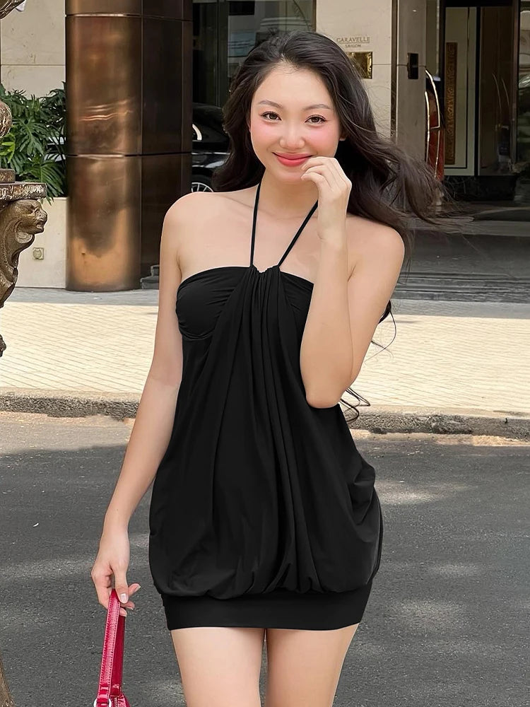 Dulzura Sexy Mini Halter Ruched Backless Short Dress Solid Sleeveless Women Dresses Summer Lady Party Birthday Club Clothes Y2K