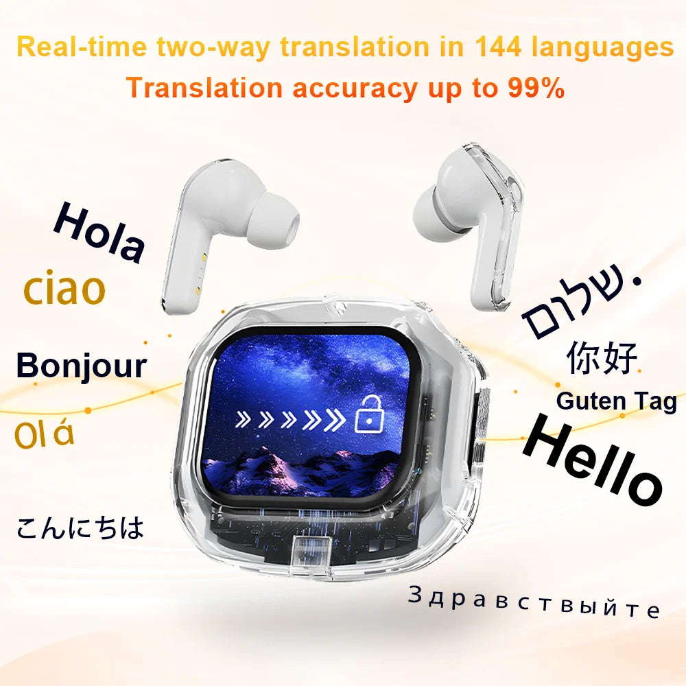 Translation Headphones with Touch Screen Wireless Bluetooth 5.4 Smart Earphone HiFi Audio High Quality Transparent Case Headset