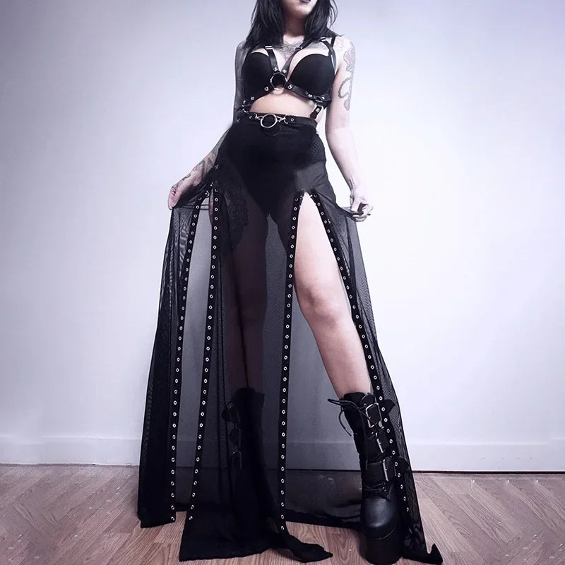 Women’s Goth Mesh Skirt – Side Slit, Lace-Up, Punk Gothic Dark Faldas, Thin Summer Look