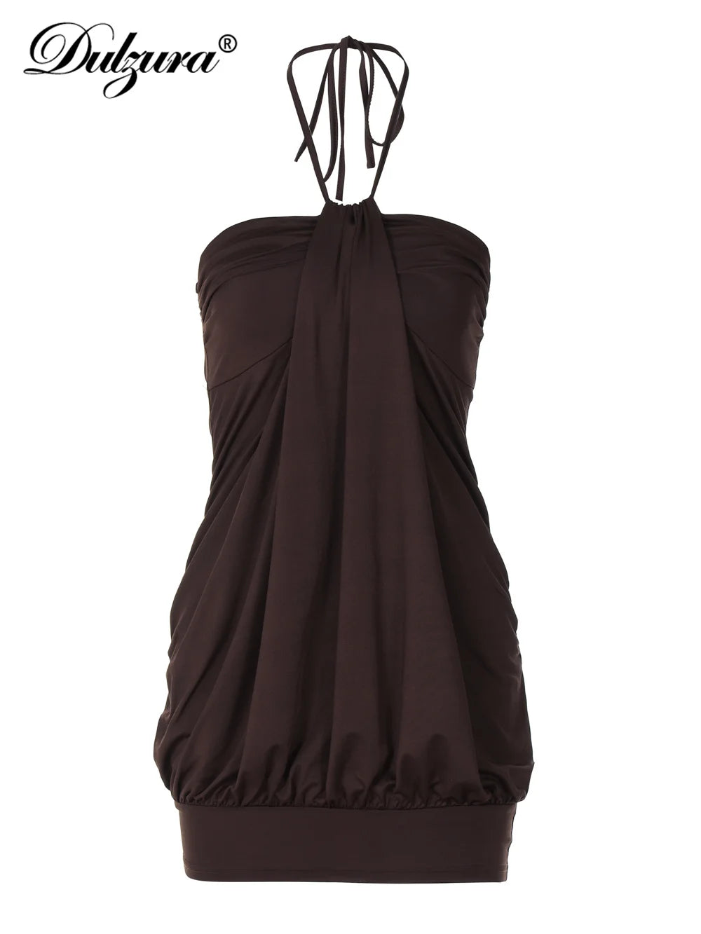 Dulzura Sexy Mini Halter Ruched Backless Short Dress Solid Sleeveless Women Dresses Summer Lady Party Birthday Club Clothes Y2K