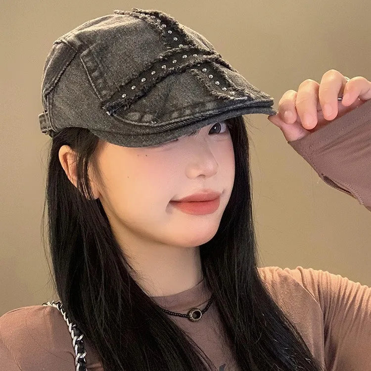 Women’s Retro Black Denim Beret – Vintage Washed Riveted Cap, Y2K Streetwear Fashion Hat for Girls