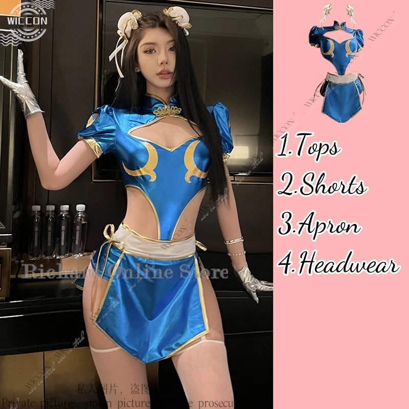 Chun-Li Cosplay Costume Set – Cheongsam Dress with Accessories (Tops, Pants, Apron, Headwear, Socks & Gloves) for Parties, Conventions & Festivals
