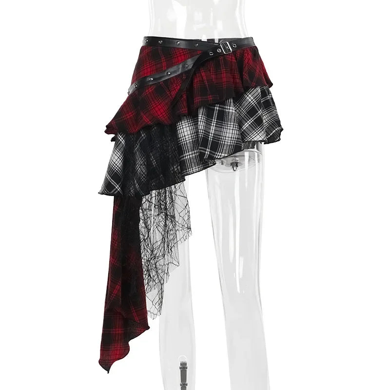 Gothic Plaid Mini Skirt – Y2K Punk Rock High Waist Irregular Skirt with Lace Detail