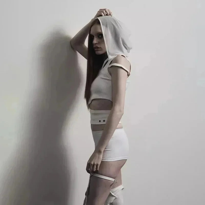 Edgy Punk Hooded Crop Top for Women – Street Fashion Sleeveless Tee, New 2025 Style