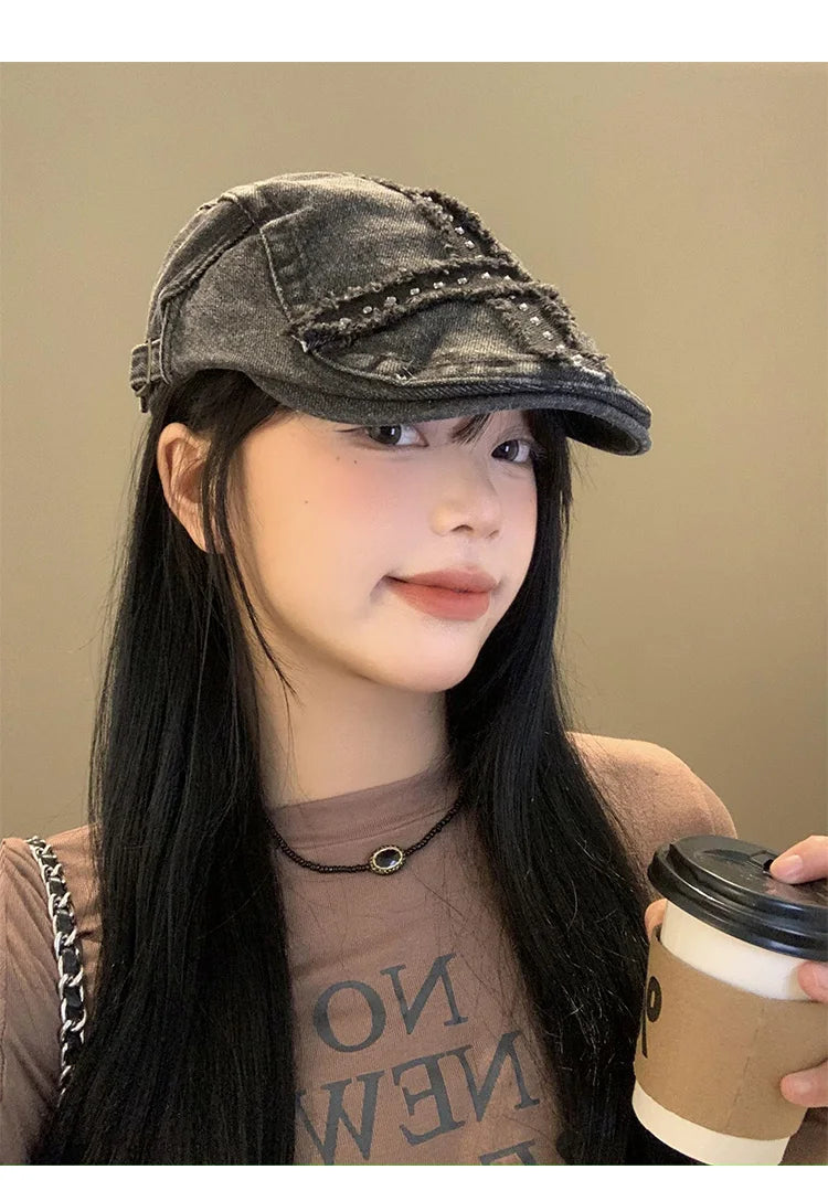 Women’s Retro Black Denim Beret – Vintage Washed Riveted Cap, Y2K Streetwear Fashion Hat for Girls