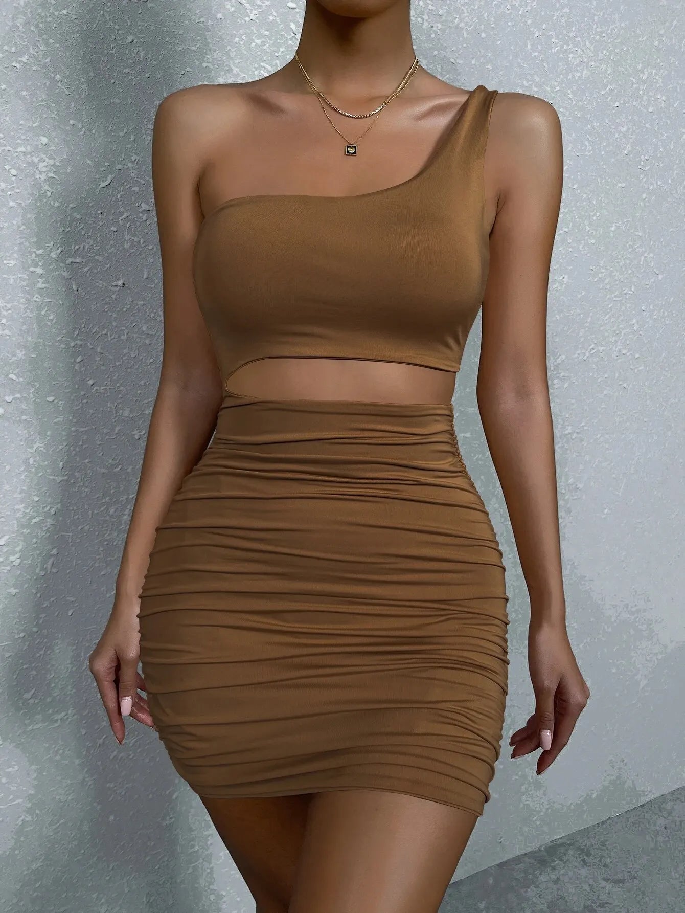 TiLeewon One-Shoulder Bodycon Mini Dress – Sexy Hollow Waist, Pleated Wrap Skirt for Women, Perfect Club & Evening Outfit