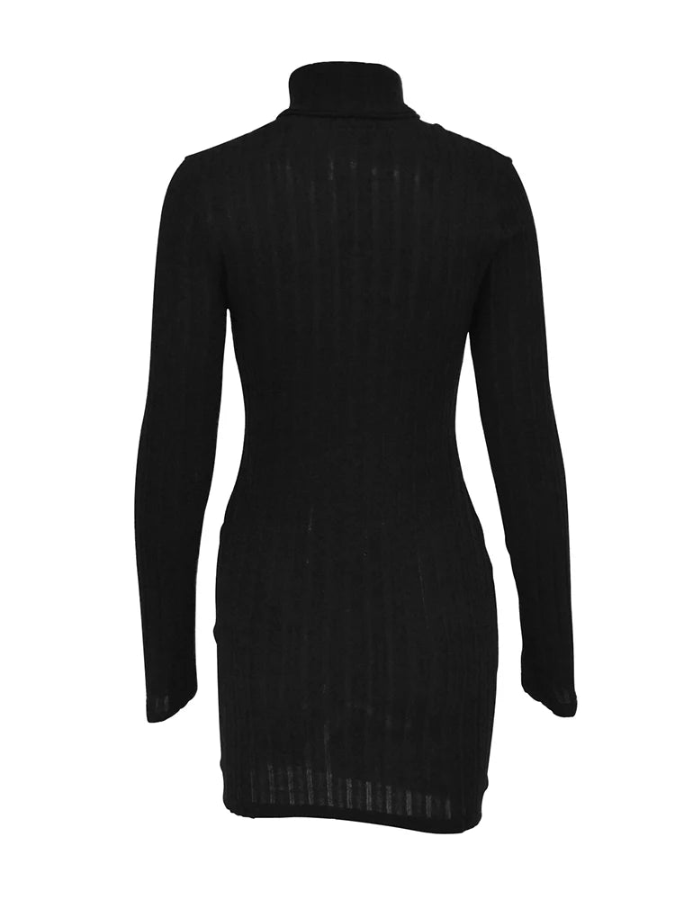 Black Mini Bodycon Dress – Turtleneck Long Sleeve Sheath Dress for Women, Party, Club & Elegant Daily Wear