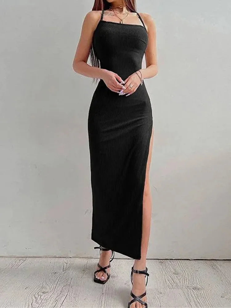 Sexy Maxi Bodycon Dress – Black Halter Spaghetti Strap Sleeveless Backless for Women