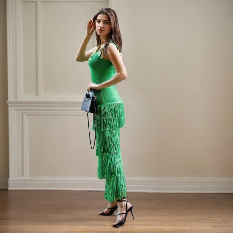 Vintage Knitted Tassel Dress – Elegant Backless U-Neck Long Maxi Dress for Women