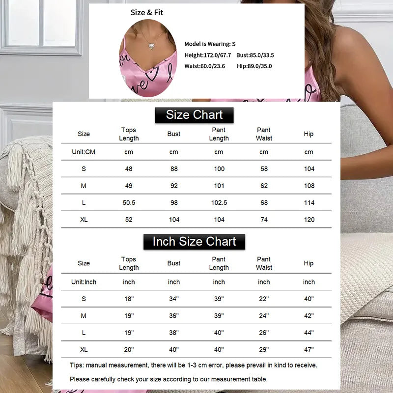 Women Letter Print Satin Pajama Set Chic V-Neck & Backless Cami Tops and Pants Pyjama 2 Pieces Soft Women's Sleepwear Loungewear
