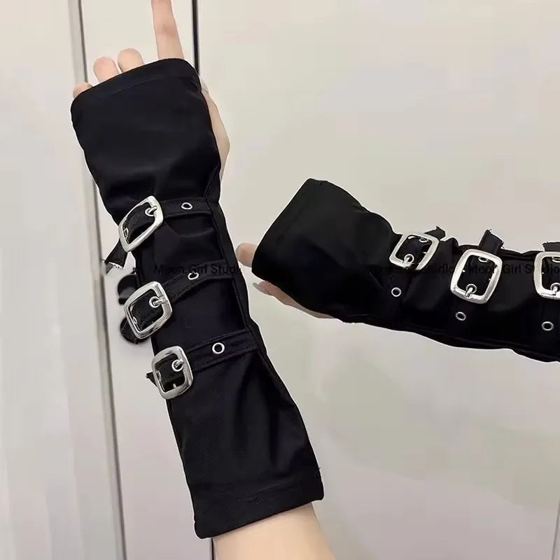 Goth Punk Buckle Strap Gloves – Fingerless Spandex Gloves for Women’s Cosplay & Fashion