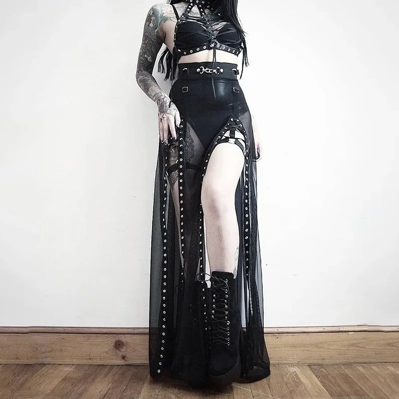 Women’s Goth Mesh Skirt – Side Slit, Lace-Up, Punk Gothic Dark Faldas, Thin Summer Look
